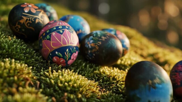 Easter Eggs in Nature: A collection of exquisitely decorated Easter eggs rests delicately on a bed of vibrant green moss. The scene evokes a sense of tranquility, springtime renewal.