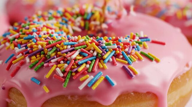 Sweet Donut Delight: A close-up shot of a vibrant donut, adorned with a glossy pink glaze and a generous sprinkle of colorful candy, making it a tempting treat
