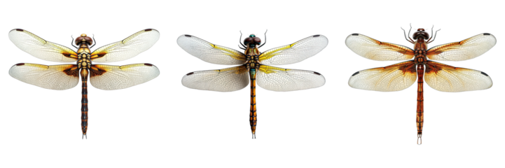 Three dragonflies arranged in a row with open wings. Each insect is isolated and viewed from the top, showcasing its unique details.
