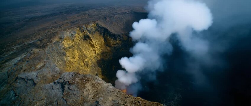 A stunning volcanic crater showcases nature's raw power with smoke.
