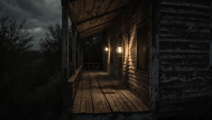Fototapeta premium Creepy night scene Old wooden porch illuminated by lanterns, dark sky, rural ambiance