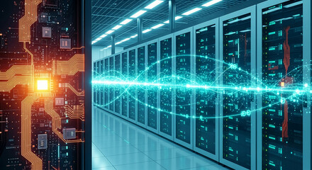Server room interior with circuit board and data flow visualization, showcasing modern technology and digital network infrastructure, representing speed, connectivity, and innovation