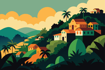 Naklejka premium Tropical Hillside Village Surrounded By Greenery