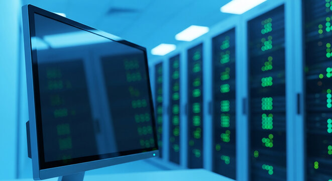 Monitor display showcasing data center servers, illustrating technology, digital infrastructure, and network operations, symbolizing innovation and connectivity - Powered by Adobe