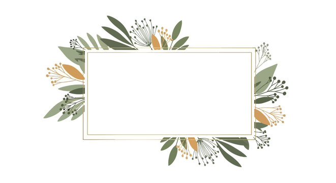 Elegant rectangle gold frame decorated with wild sage green leaves and abstract floral buds