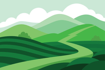 Green Tea Plantation Across Misty Hills