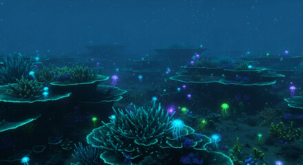 Underwater scene with coral and jellyfish, in blue and green light, representing mystery, marine life, and bioluminescence in deep sea environment