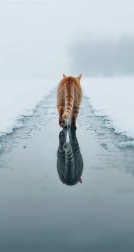 Un gato naranja se pasea por un camino cubierto de nieve y agua, con su reflejo perfectamente visible en la superficie.