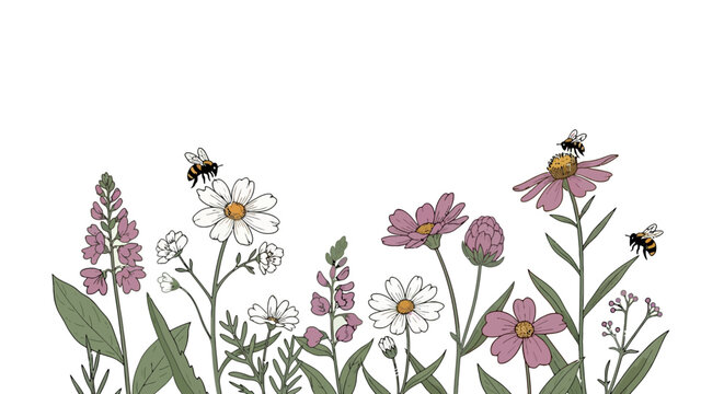 Detailed illustration of meadow wildflowers and flying bumblebees springtime botanical border element for greeting card design or wedding invitation