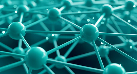 Abstract image of teal spheres interconnected by rods, creating a complex network structure symbolizing connection, technology, or molecular structure