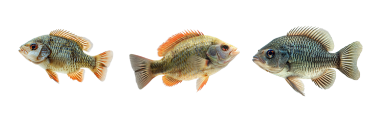 Three fish of different colors are arranged horizontally, showcasing their unique features. Each fish is captured in detail, making this an ideal image for educational purposes.
