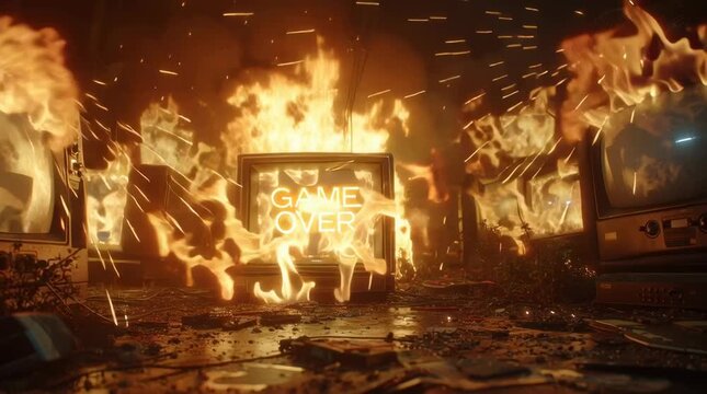 Una escena apocal&iacute;ptica con televisores en llamas, simbolizando el fin de la era de la informaci&oacute;n.