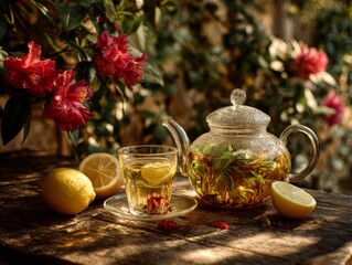 Glass teapot and cup with herbal tea and lemon on wooden table  