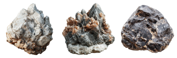 Three unique rocks, captured up close. These stones showcase intricate textures and varying shades, a testament to nature's artistry. Each specimen has its own character.