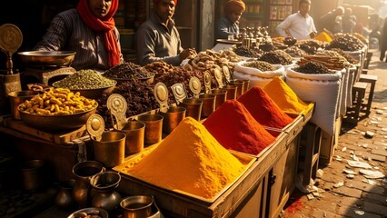 Authentic cultural portrait of Indian spice bazaar featuring turmeric roots and brass decorative vessels