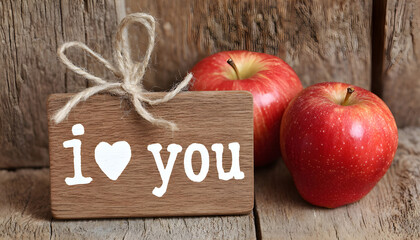 Apple featuring I love you message on a wooden backdrop, used for text overlay or decorative purposes