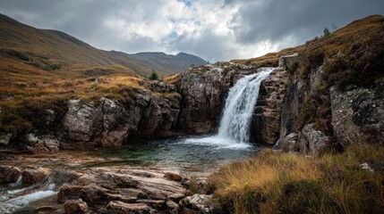 Scenic waterfall cascading over rocky terrain into a serene natural pool
