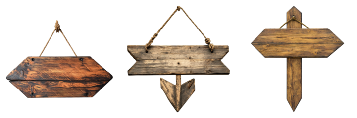 Three different styles of vintage wooden signs hanging from rustic rope. They provide directional guidance.