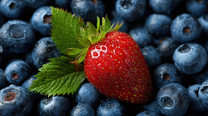 Fresh strawberry with leaf on blueberries background