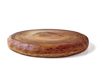 Round board made of wood cut for cutting food isolated on white background.