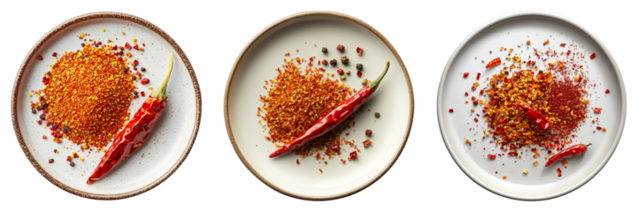 Chili pepper and chili flakes, ready for cooking and preparing various dishes. Three different plates are full of chili flakes and chili peppers.