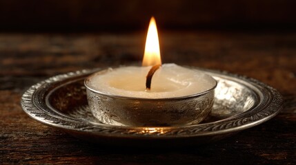 Lit candle on ornate plate warm light and atmospheric still life