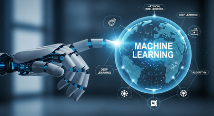 Robotic hand interacts with digital globe displaying "Machine Learning," showcasing AI, deep learning, and algorithm concepts for technology or business