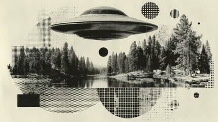 Collage representing mysterious ufo retro style over a serene lake a mix of vintage aesthetics and science fiction for artistic projects