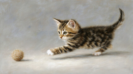 Fototapeta premium Kitten chasing a ball of yarn on neutral background