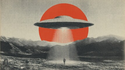 Mysterious ufo retro style collage representing an unidentified flying object beaming on a lone man in a landscape. Sci-fi art for poster or album cover