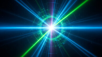 Bright light burst with blue and green rays in digital space