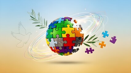 Vibrant puzzle globe with floating pieces and olive branches symbolizing unity and global connection