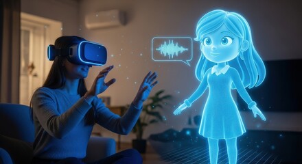 Woman interacting with ai avatar via virtual reality headset. Girl communicating with digital assistant in metaverse concept
