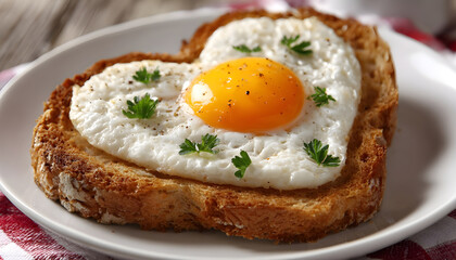 Breakfast dish featuring a heart-shaped fried egg atop toasted bread, ideal for romantic occasions
