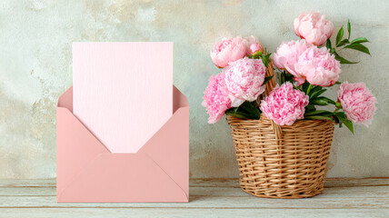 White square card mockup surrounded by delicate pink peonies