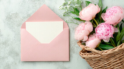 White square card mockup surrounded by delicate pink peonies