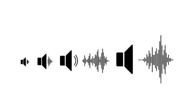 Minimal black speaker volume icon collection with increasing sound waves in flat vector style