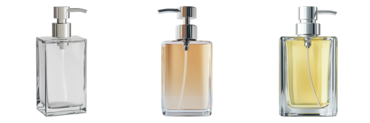 Three glass bottles with pump dispenser filled with various liquid colors. Clear, light orange, and yellow.