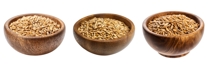 Three wooden bowls are filled with different types of grains. Each bowl contains a unique variety of nutritious food items.