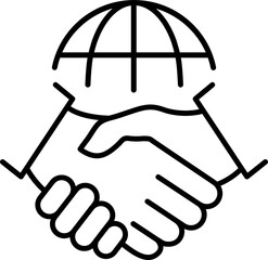 Handshake and globe line icon. World partnership concept. Business deal symbol. International agreement. Vector illustration isolated.