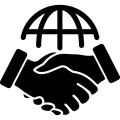 Handshake and globe silhouette icon. World partnership concept. Business deal symbol. Vector illustration isolated.