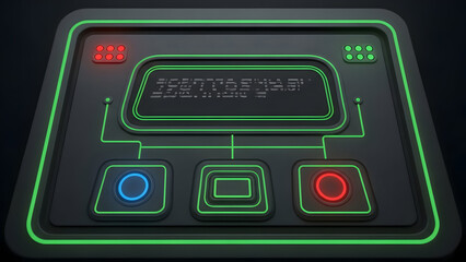 Futuristic control panel with glowing neon green lights and buttons technology interface
