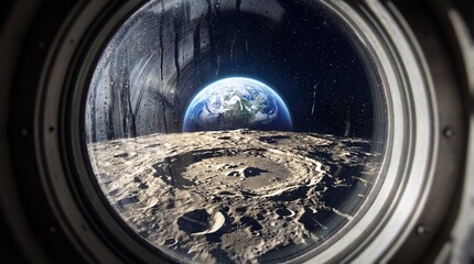 Earth rising over moon surface through circular spaceship window. Point of view from space porthole. Cosmic exploration and astronomy visualization for space travel concept.