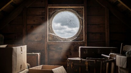 Small round window in wooden attic letting sunlight beam in amid stored boxes. Dusty storage space with spider web on glass. Nostalgic home interior evoking forgotten memories and old treasures.