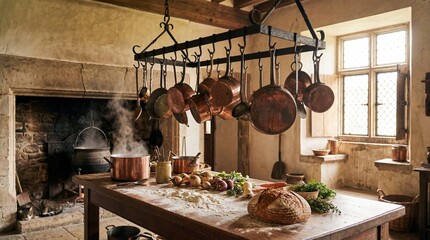 Rustic kitchen still life with hanging copper pots over steaming hearth. Wooden table set for bread baking with flour dough vegetables and herbs. Traditional cooking scene in cozy old world interior.