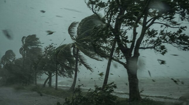 Palm trees bending in strong tropical storm wind. Hurricane force weather battering coastal vegetation. Natural disaster and climate impact on environment concept.