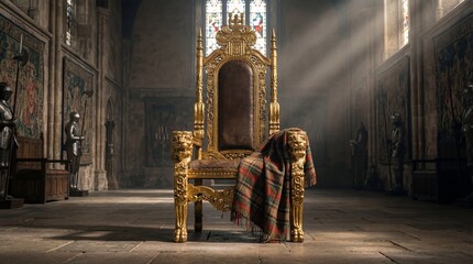 Ornate golden throne in grand medieval hall with sunlight streaming through stained glass windows. Empty royal seat symbolizing power and ancient heritage in castle interior.