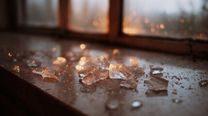 Close-up of a window sill with shattered glass scattered on it. the glass pieces are of different sizes and shapes, some are broken and some are still intact.