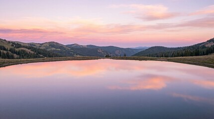 Wide shot of serene mountain lake reflecting colorful sunset skies. Peaceful alpine landscape with grassy hills and pine trees. Nature tranquility and outdoor adventure concept.