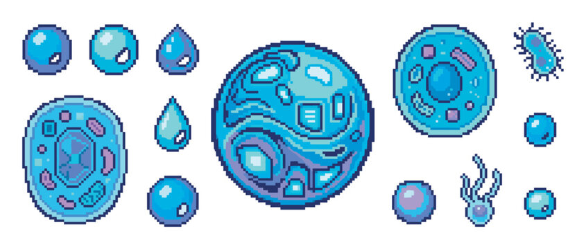 Pixel art icon set of biological cells, microbes, and water drops in a retro 8-bit video game style with a blue and purple color palette for a scientific theme
